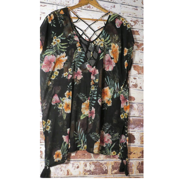 Kona Sol Tropical Print Sheer Lattice Back Tassel Hem Detail Kaftan Cover Up - Picture 7 of 9